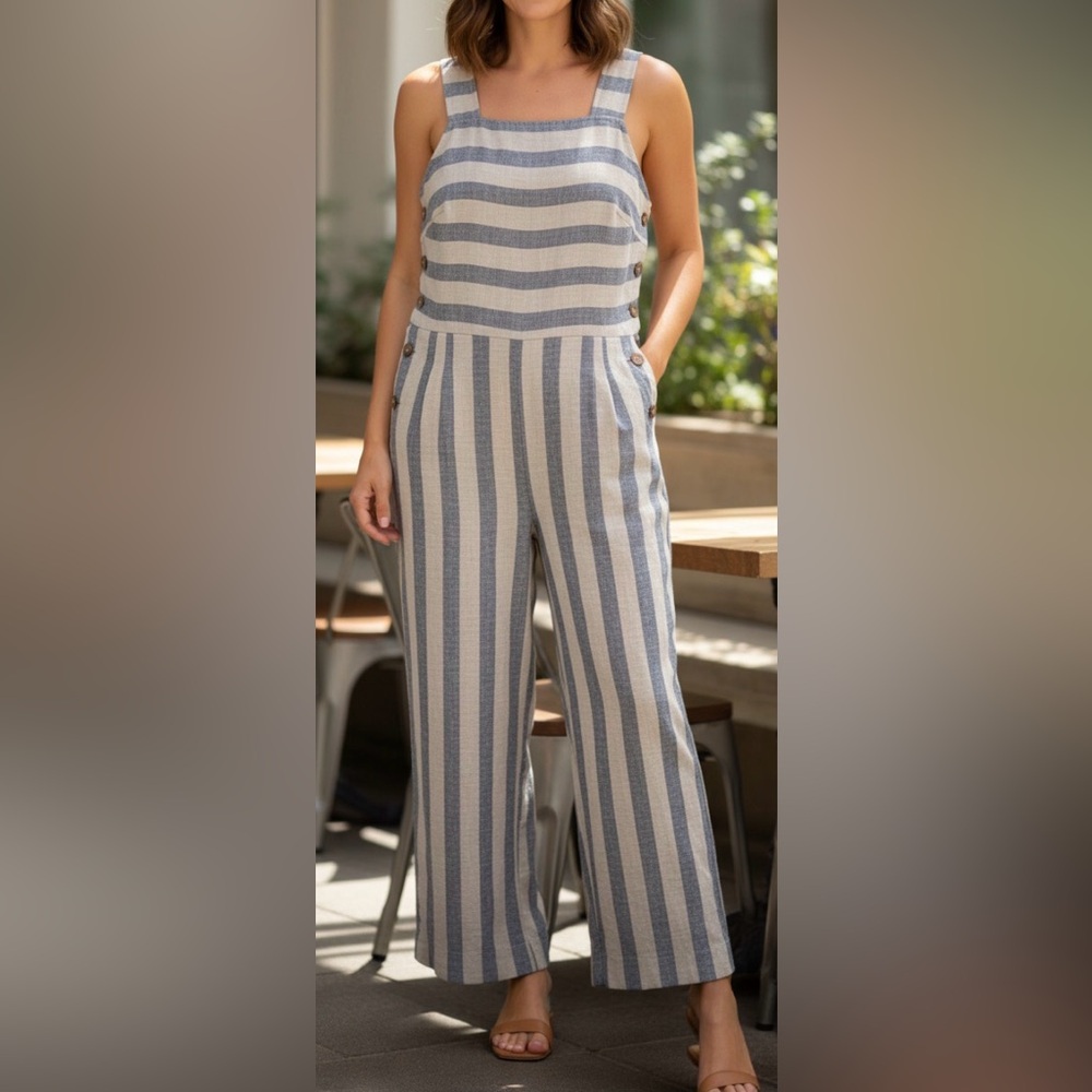 Altar'd State Blue Ivory Striped Nautical Sailor Linen Blend Jumpsuit Size Small